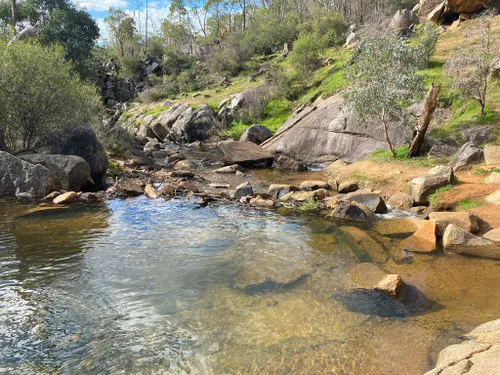 Dappled sunlight on river and river rocks Australian bush Stock